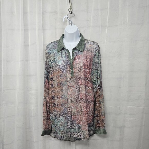 Smash! Green Pink Boho Sheer Tunic Blouse Roll Tab Hi-Low L - Picture 11 of 11